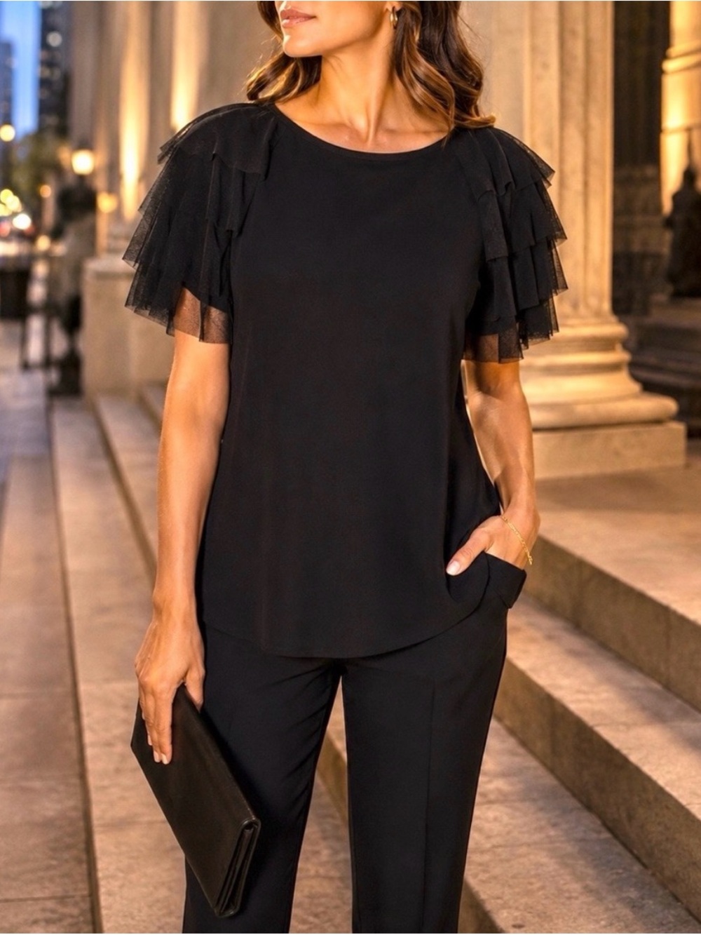 Joseph Ribkoff Black Tiered Ruffle Sleeve Blouse